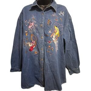 Vintage Disney Store Shirt XL Denim Alice & Wonderland Embroidered Button Down